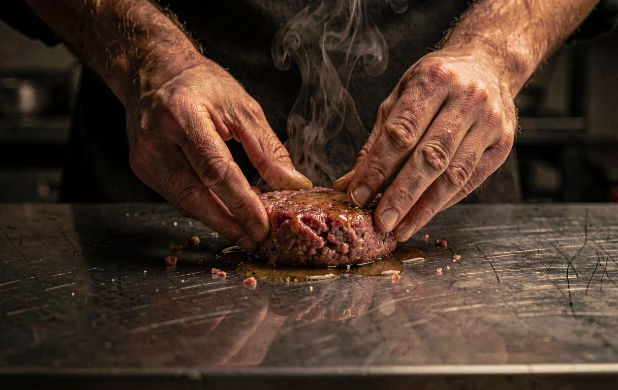 Hand-pressing beef