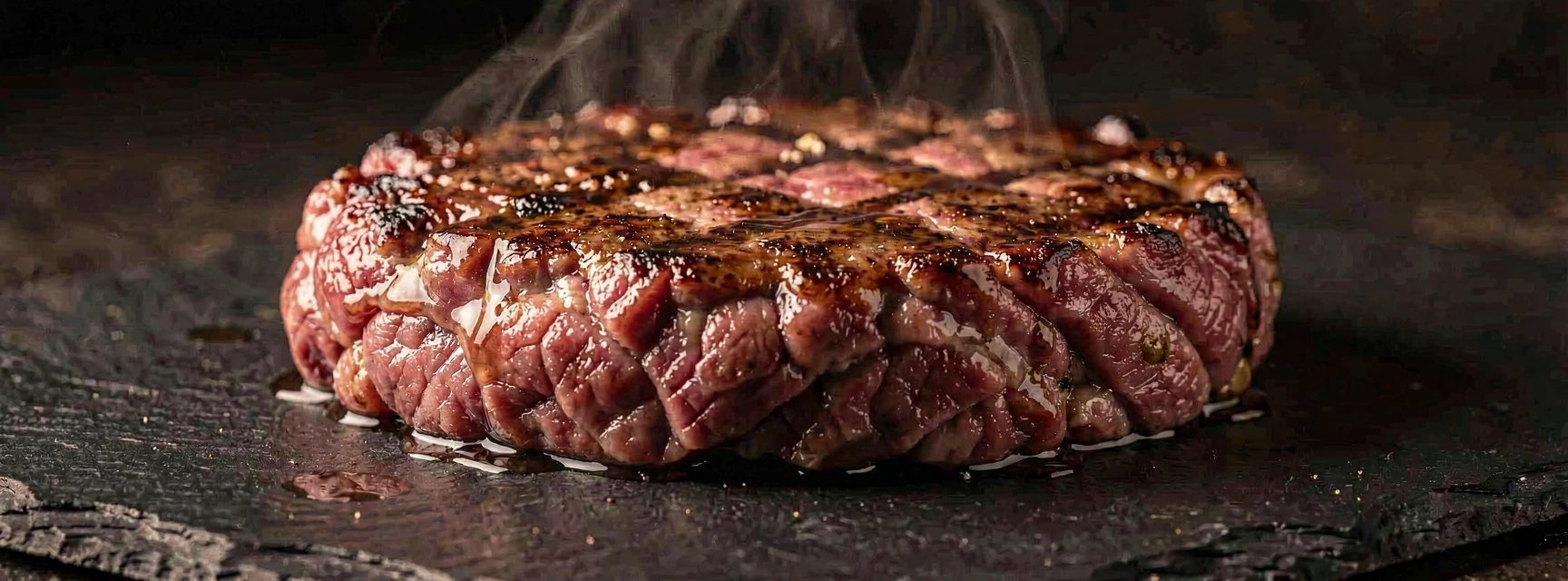 Raw artisanal beef patty on slate
